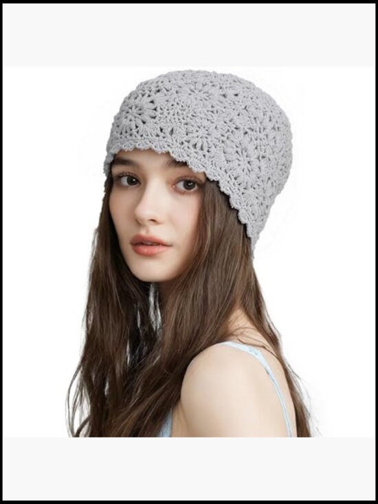 Crochet Beanie Hat Handmade Slouchy Skull Cap Knit Floral Openwork Summer